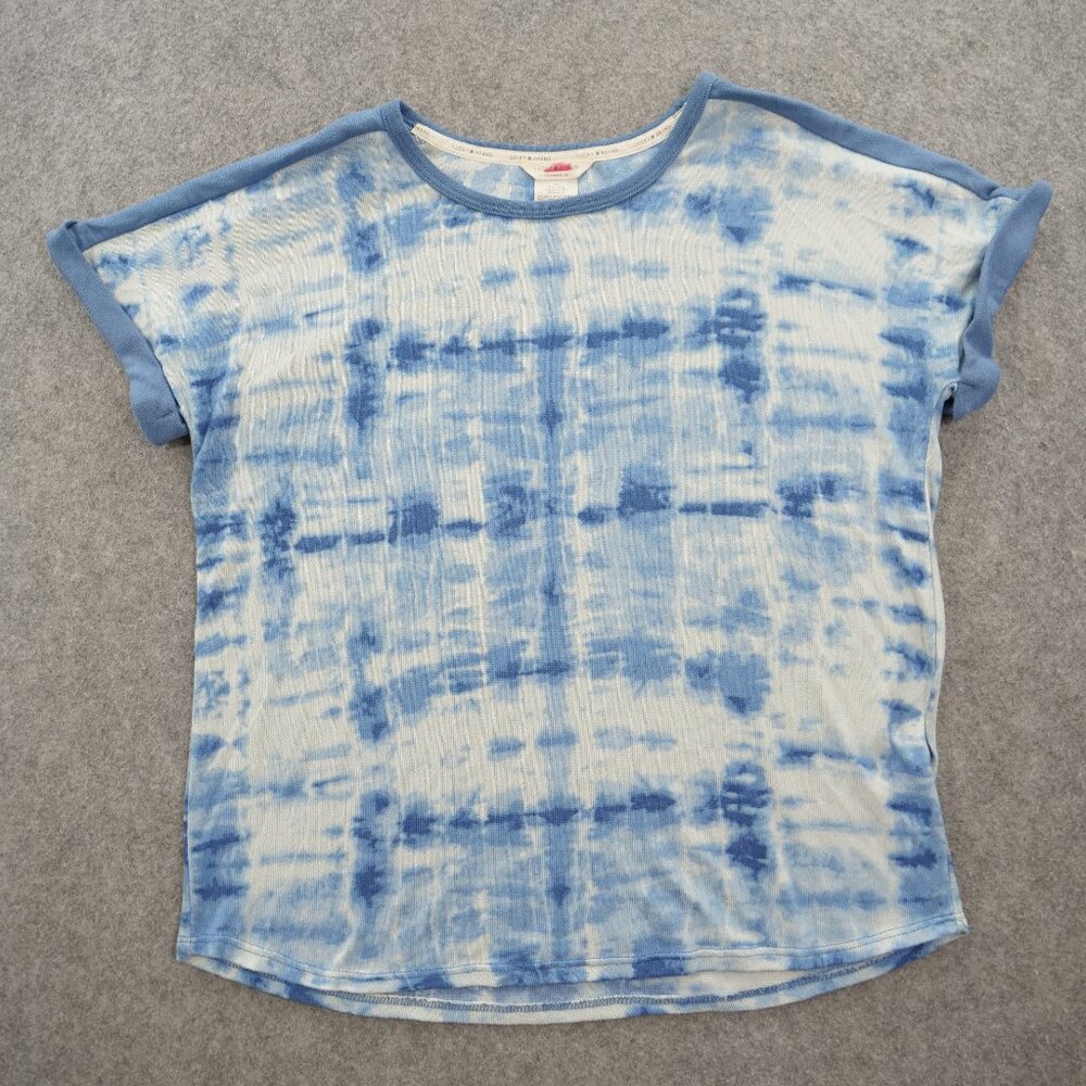 Lucky Brand Top Womens Medium Blue Tie Dye Knit Logo Round Neck Short Sleeve